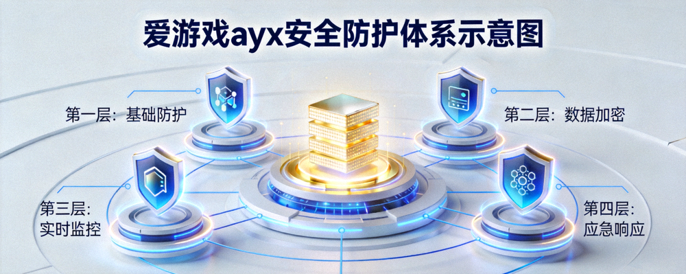 爱游戏ayx安全防护体系示意图 - 层层加密盾牌保护着中心的数据核心