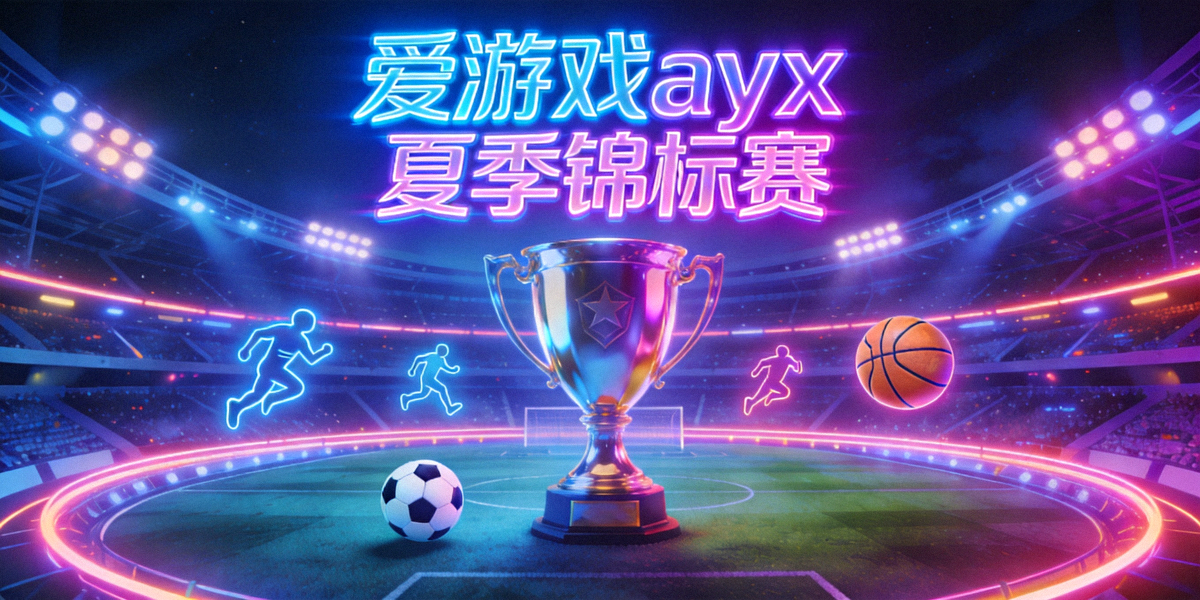 爱游戏ayx夏季锦标赛主视觉横幅 - 霓虹风格的体育竞技场中展示着足球、篮球等运动图标与巨大的奖杯