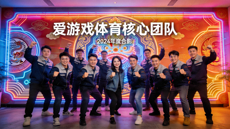 爱游戏体育各部门核心成员合影 - 充满活力与创造力的团队在公司的标志性赛博国潮背景墙前