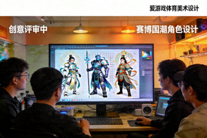 爱游戏体育美术设计团队进行创意评审 - 屏幕上展示着赛博国潮风格的角色原画