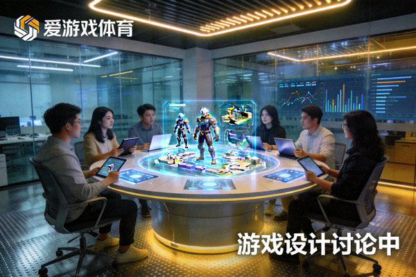 爱游戏体育团队在现代化办公室中协作讨论游戏设计的场景 - 充满科技感的办公环境