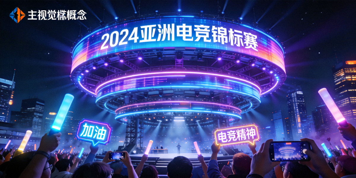 2024亚洲电竞锦标赛主视觉概念图 - 绚丽的电竞舞台与欢呼的观众