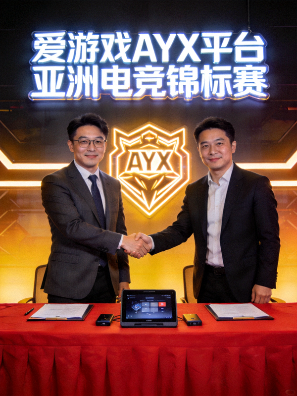 爱游戏AYX平台与亚洲电竞锦标赛签约仪式现场 - 双方代表握手合影