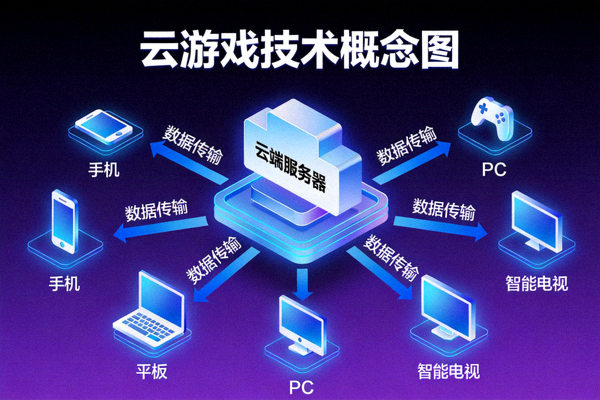 云游戏技术概念图 - 数据从云端服务器流向多种终端设备