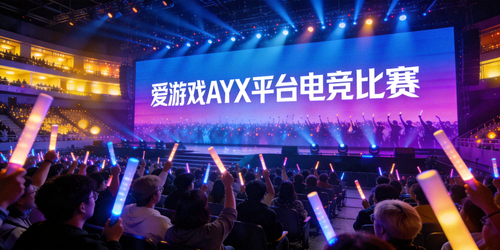 爱游戏AYX平台电竞比赛现场盛况 - 巨大的屏幕前坐满了热情的观众，灯光璀璨