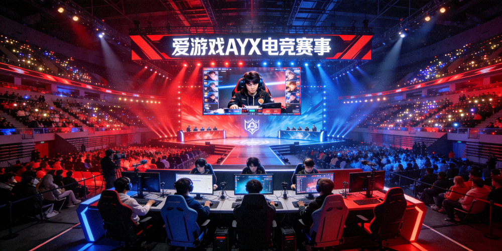 爱游戏AYX电竞赛事盛况 - 宏伟的竞技场馆内坐满观众，舞台中央正在进行激烈的电竞决赛