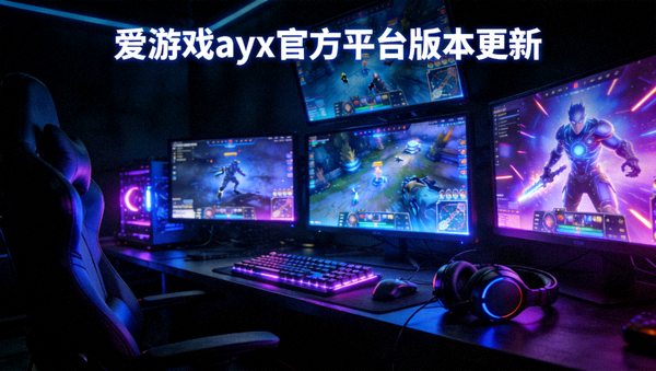 爱游戏ayx官方平台版本更新配图 - 暗色电竞空间中亮起的多屏游戏界面