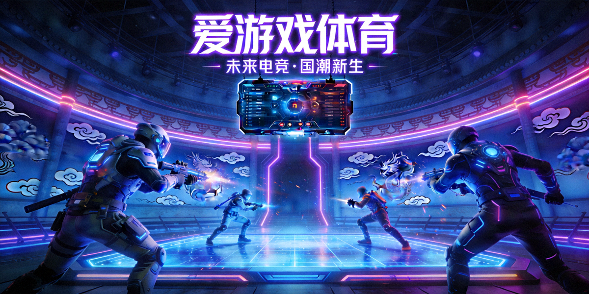 爱游戏体育赛博国潮风格主视觉图 - 未来感竞技场馆中玩家激烈对战